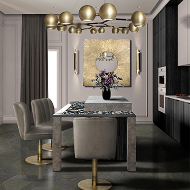HULI SQUARE MIRROR, DALYAN II DINING CHAIR, HORUS SUSPENSION LIGHT